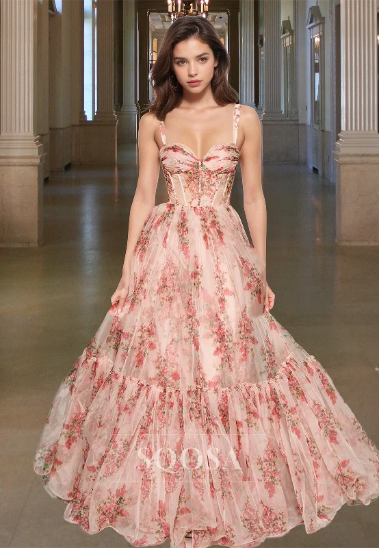 A-Line Sweetheart Spaghetti Straps Sleeveless Prom Dress Off-Shoulder Pleated Tulle Evening Gowns