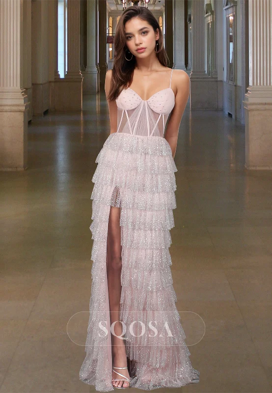 Spaghetti Straps V-Neck Off-Shoulder Fitted Prom Dress Sleeveless Sequined Tiered Tulle Evening Gowns