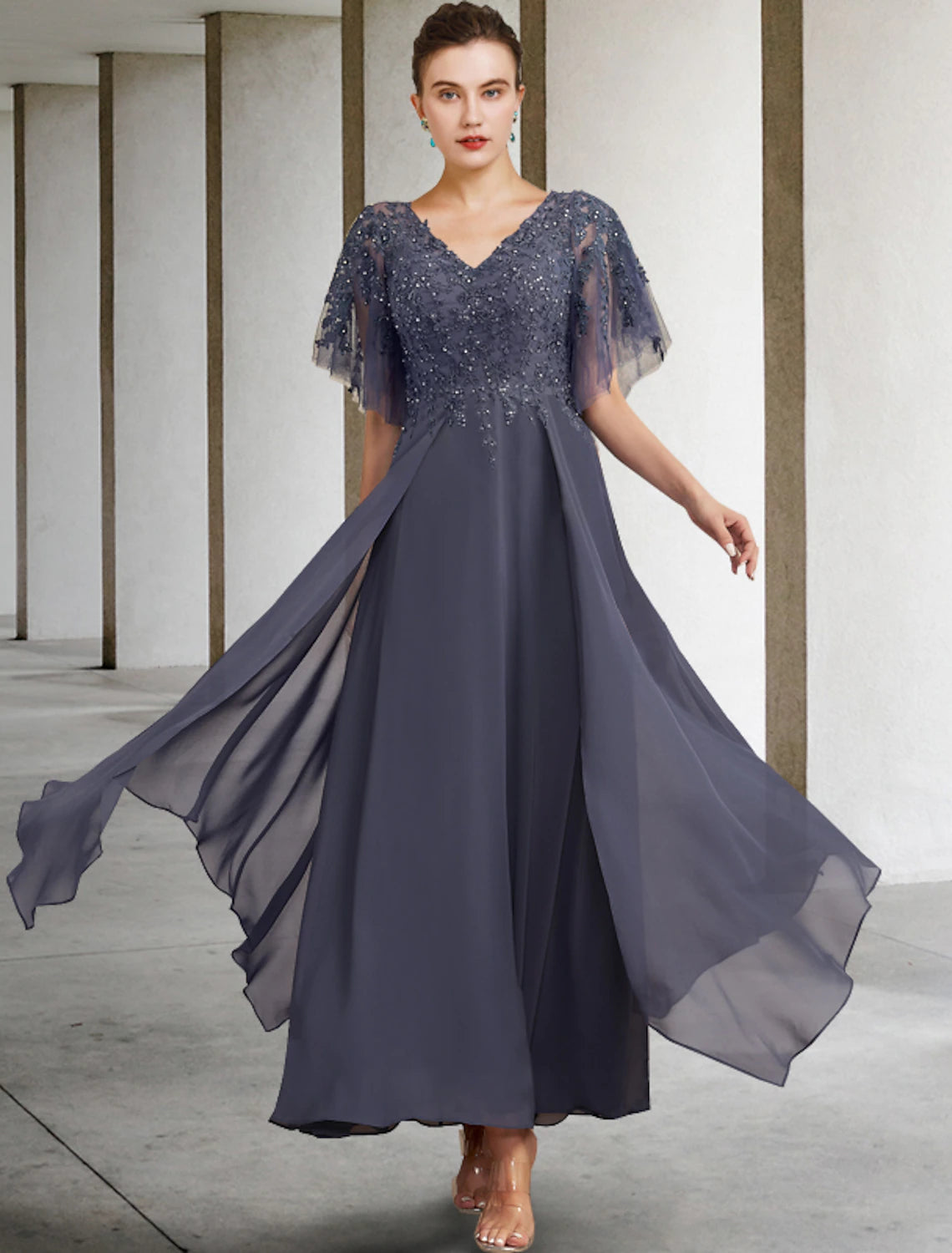 A-Line Plus Size Curve Mother of the Bride Dress Elegant Jewel Neck Ankle Length Chiffon Lace Short Sleeve with Beading Sequin Appliques A-Line Plus Size Curve Mother of the Bride Dress Elegant Jewel Neck Ankle Length Chiffon Lace Short Sleeve with Beading Sequin Appliques
