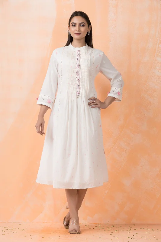 White Embroidered Cotton Silk Dress