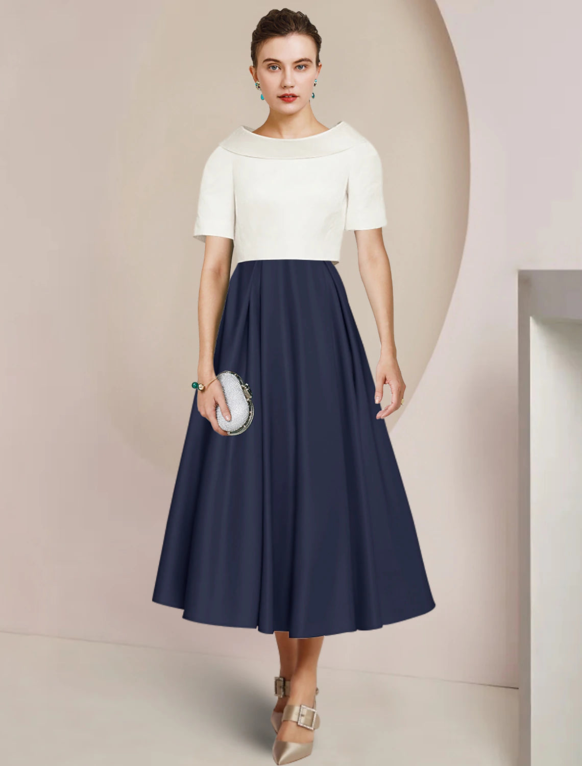 A-Line Mother of the Bride Dress Formal Wedding Guest Party Elegant Scoop Neck Tea Length Satin Short Sleeve with Pleats Color Block A-Line Mother of the Bride Dress Formal Wedding Guest Party Elegant Scoop Neck Tea Length Satin Short Sleeve with Pleats Color Block