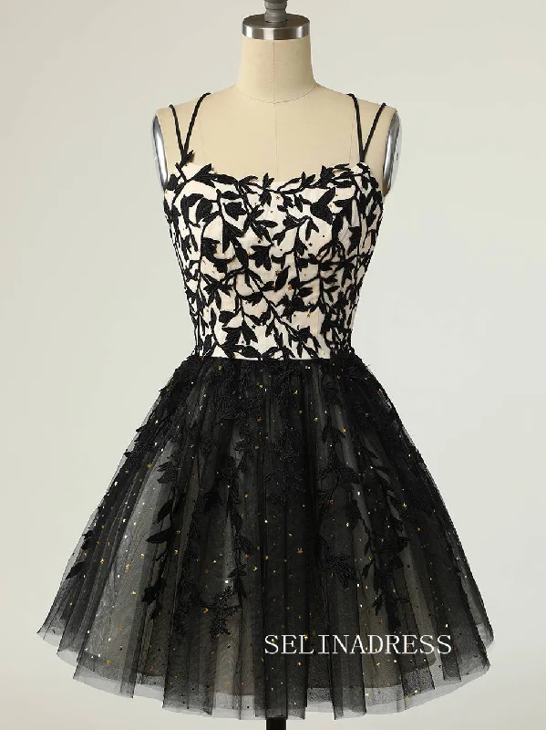 Straps Black Appliques Short Homecoming Dress with Sequins SEA009