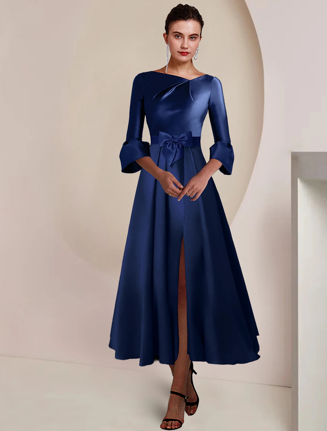 A-Line Mother of the Bride Dress Formal Wedding Guest Party Elegant Bateau Neck Tea Length Satin 3/4 Length Sleeve with Bow(s) Split Front A-Line Mother of the Bride Dress Formal Wedding Guest Party Elegant Bateau Neck Tea Length Satin 3/4 Length Sleeve with Bow(s) Split Front