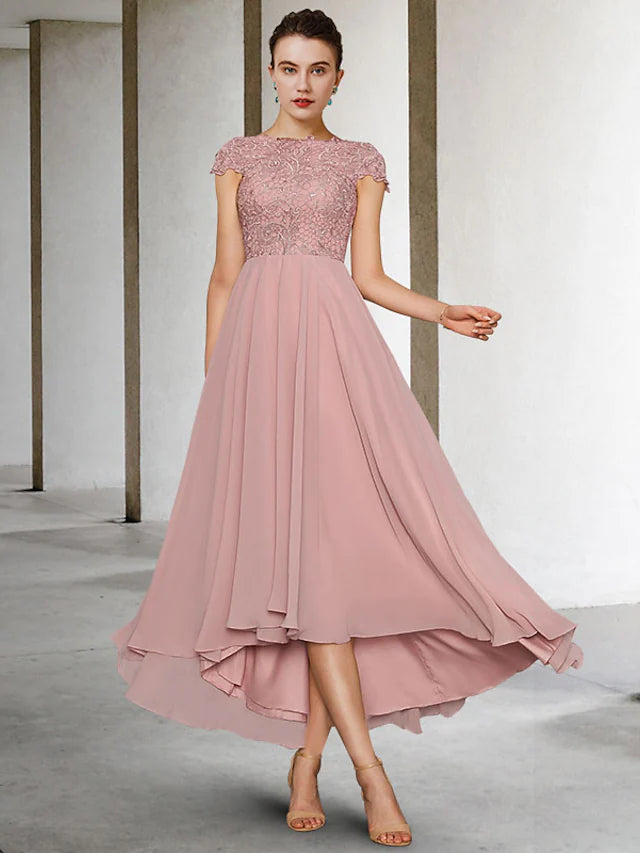 Mother of the Bride Dress Elegant High Low Jewel Neck Asymmetrical Tea Length Chiffon Lace Cap Sleeve with Appliques Ruching Mother of the Bride Dress Elegant High Low Jewel Neck Asymmetrical Tea Length Chiffon Lace Cap Sleeve with Appliques Ruching