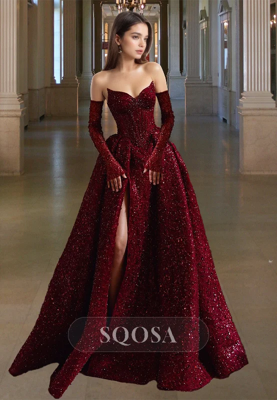 Sweetheart Off-Shoulder Sleeveless Party Gowns Fully Sequined Pleated A-Line Prom Dress with Gloves