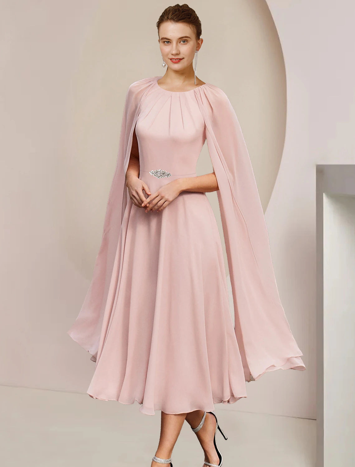 A-Line Mother of the Bride Dress Wedding Guest Party Elegant Scoop Neck Tea Length Chiffon Sleeveless with Pleats Crystal Brooch A-Line Mother of the Bride Dress Wedding Guest Party Elegant Scoop Neck Tea Length Chiffon Sleeveless with Pleats Crystal Brooch