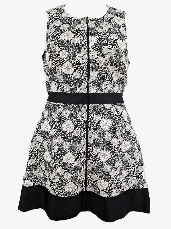 Cue Monochrome Leafy Zip Front Dress Size 14
