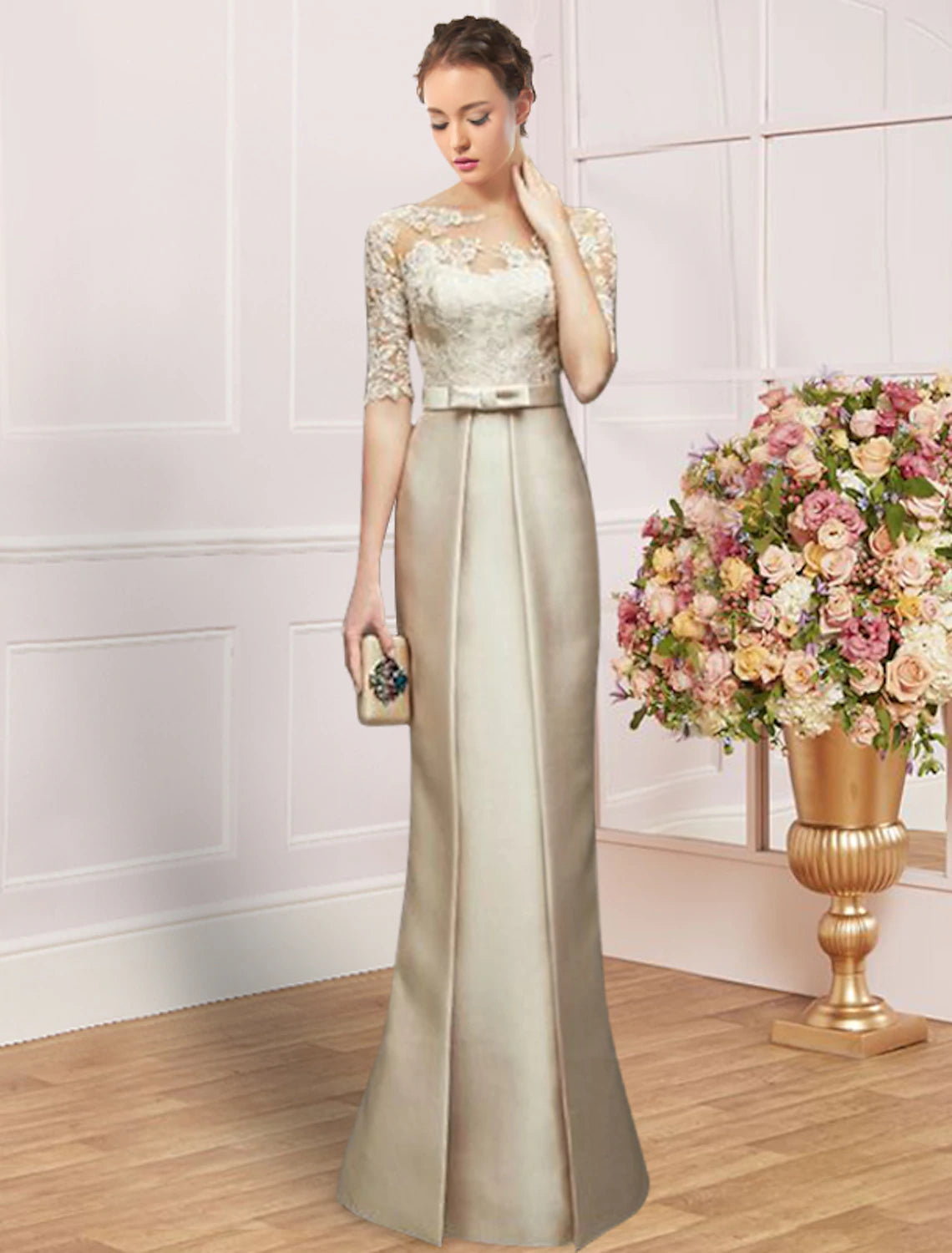 Sheath / Column Mother of the Bride Dress Wedding Guest Party Elegant Jewel Neck Floor Length Satin Lace Half Sleeve with Bow(s) Ruching Sheath / Column Mother of the Bride Dress Wedding Guest Party Elegant Jewel Neck Floor Length Satin Lace Half Sleeve with Bow(s) Ruching