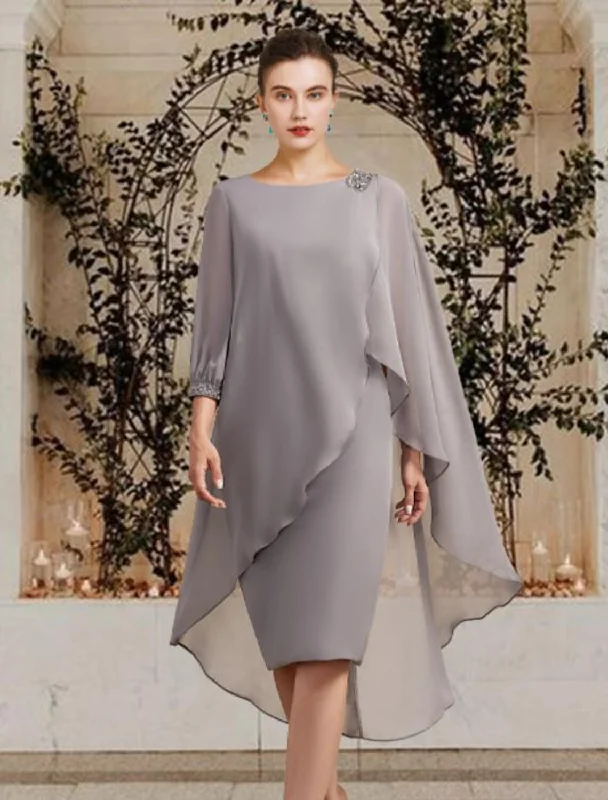 Sheath / Column Mother of the Bride Dress Wedding Guest Elegant Jewel Neck Floor Length Chiffon 3/4 Length Sleeve with Beading Sequin Fall Sheath / Column Mother of the Bride Dress Wedding Guest Elegant Jewel Neck Floor Length Chiffon 3/4 Length Sleeve with Beading Sequin Fall