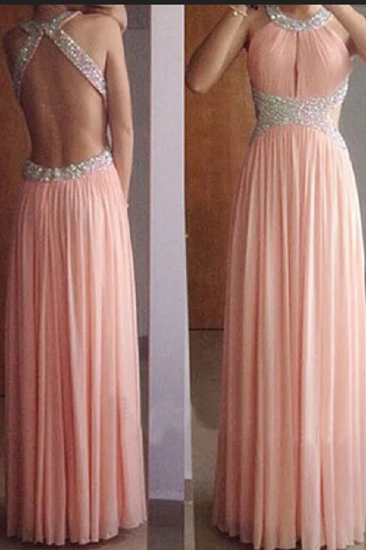 A Line Open Back Pink Beaded Long Prom Dresses