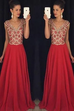 Red V-neck Beading Bodice Long Chiffon Prom Dresses Evening Dresses