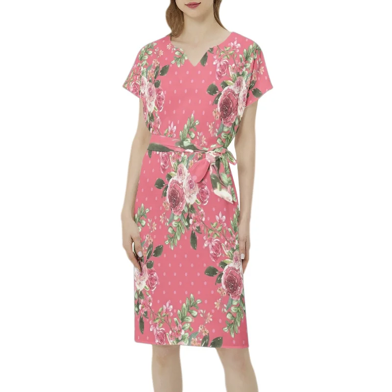 Betwing Seleeve Notch Neck Casual Dress with Belt Tunics Denim casual