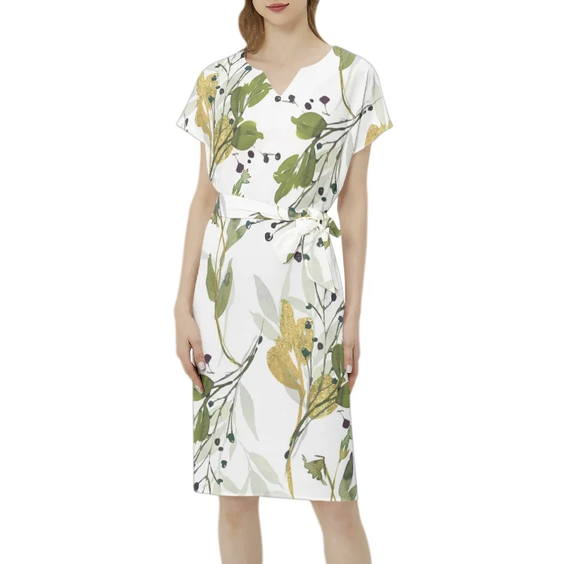 Betwing Seleeve Notch Neck Casual Dress with Belt Tunics Polka dots