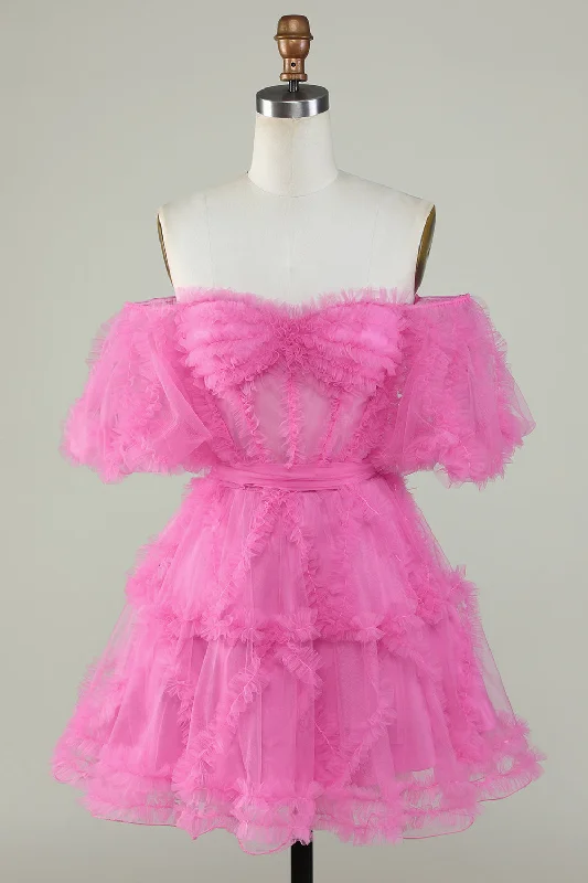 Cute A Line Off the Shoulder Pink Tulle Homecoming Dress Tunics Summer linen