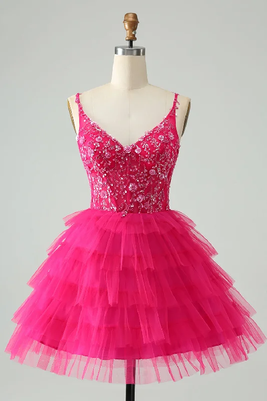 Hot Pink A Line Spaghetti Straps Tulle Tiered Short Homecoming Dress Tunics Chinos classic Hot Pink A Line Spaghetti Straps Tulle Tiered Short Homecoming Dress Tunics Chinos classic