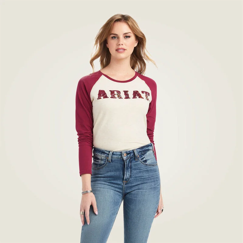 Ariat Women's REAL Ariat Baseball Shirt, Oatmeal Heather|Beet Red Knit Fabric Woven Fabric Fleece Fabric Ariat Women's REAL Ariat Baseball Shirt, Oatmeal Heather|Beet Red Knit Fabric Woven Fabric Fleece Fabric