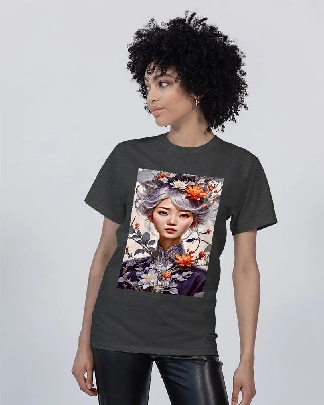 Beautiful Asian woman grey hair blossom Unisex Tee | Champion Chenille Blend Fleece Blend Nylon Blend Beautiful Asian woman grey hair blossom Unisex Tee | Champion Chenille Blend Fleece Blend Nylon Blend