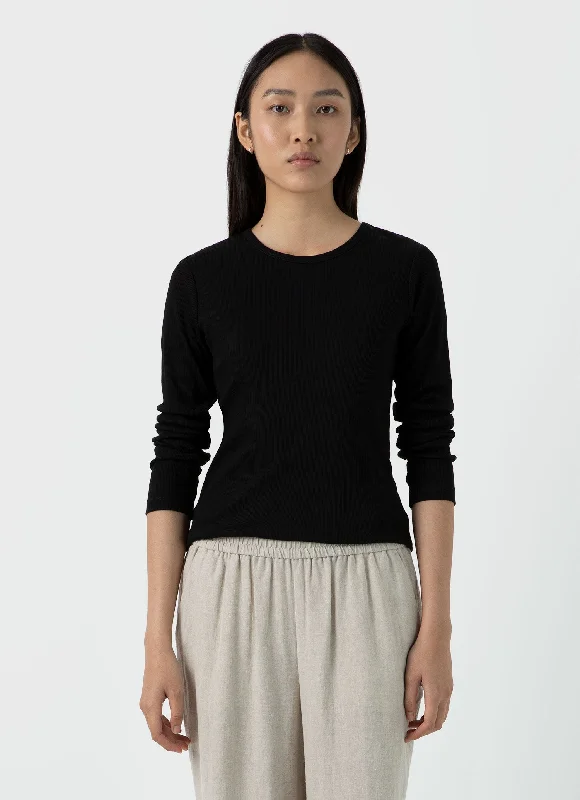 Women's Ribbed Long Sleeve T-shirt in Black Welt Pockets Slit Pockets Flap Pockets