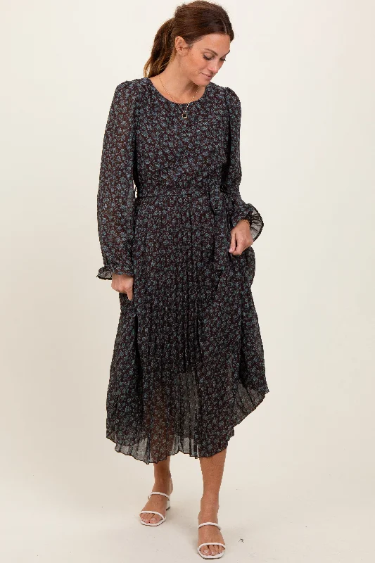 Brown Floral Front Tie Pleated Midi Dress Boho Chic Skirt
