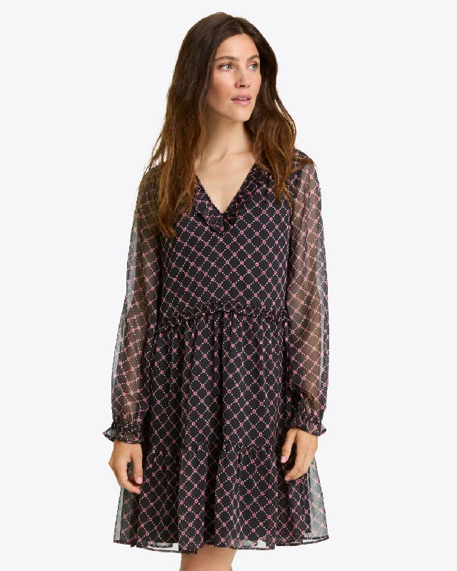 Lorrie Long-Sleeve Dress in Crinkle Chiffon Soft Pleated Skirt