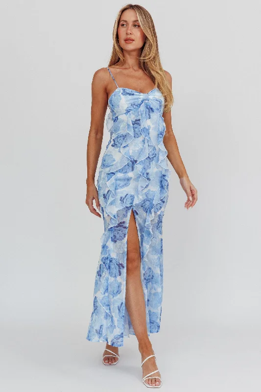 Frannie Vertical Ruffle Maxi Dress Floral Blue High-Waisted Floral Skirt