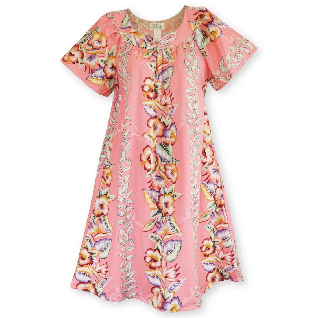 Lei of Aloha Coral Hawaiian Maile Tea Muumuu Dress Strappy Floral Skirt