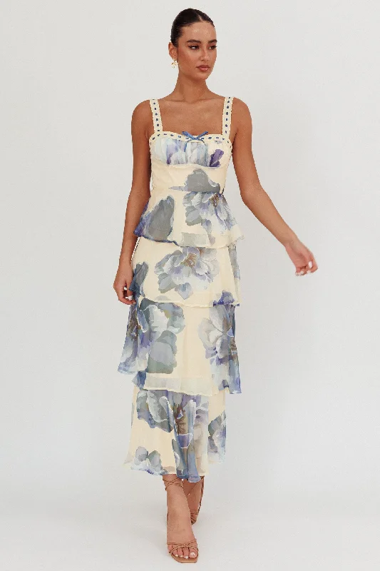 Provence Bloom Tiered Ruffle Maxi Dress Beige/Blue Bold Floral Print