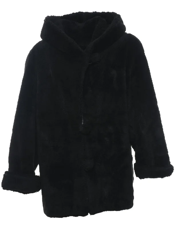 Hooded Black Classic Faux Fur Coat - L Knit Longline Duster