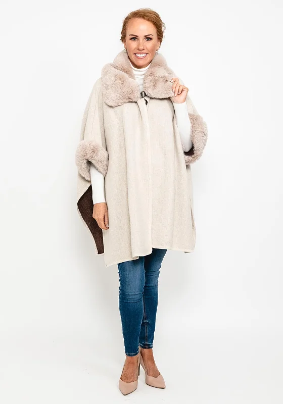 Seventy1 Faux Fur Trim Knit Cape, Beige