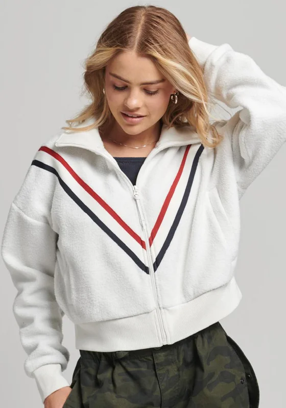 Superdry Womens Chevron Polar Fleece Jacket, Ecru Suede Faux Fur Shearling