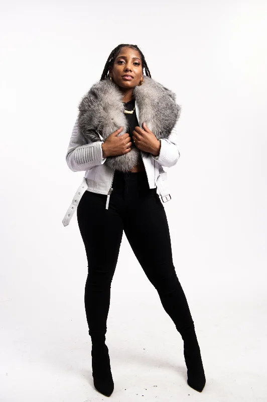Women's Trey Biker White Oversized Fox Collar [Silver Fox Fur] Welt Pockets Slit Pockets Flap Pockets