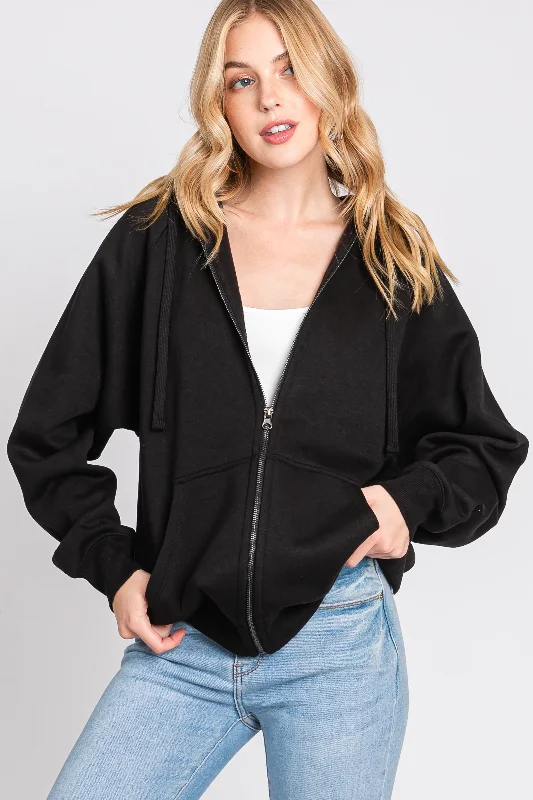 Black Front Zipper Hooded Sweater Hoodie with Cuffed Sleeves Snug Secure