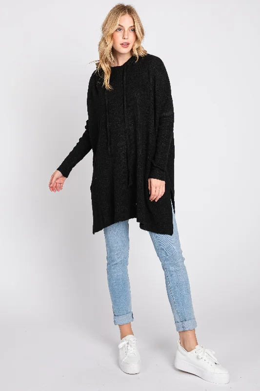 Black Knit Hooded Side Slit Sweater Hoodie with Hem Ribbing Snug Secure