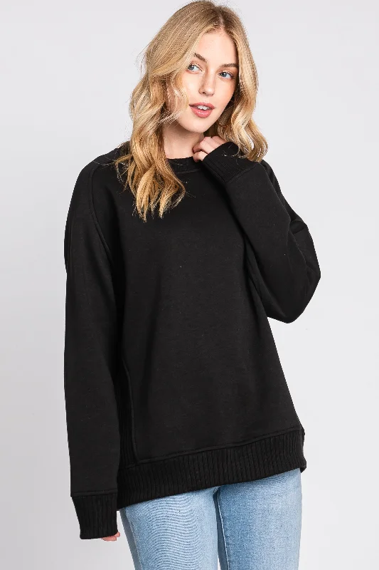 Black Pullover Terry Crewneck Hoodie with Raglan Sleeves Sporty Comfortable