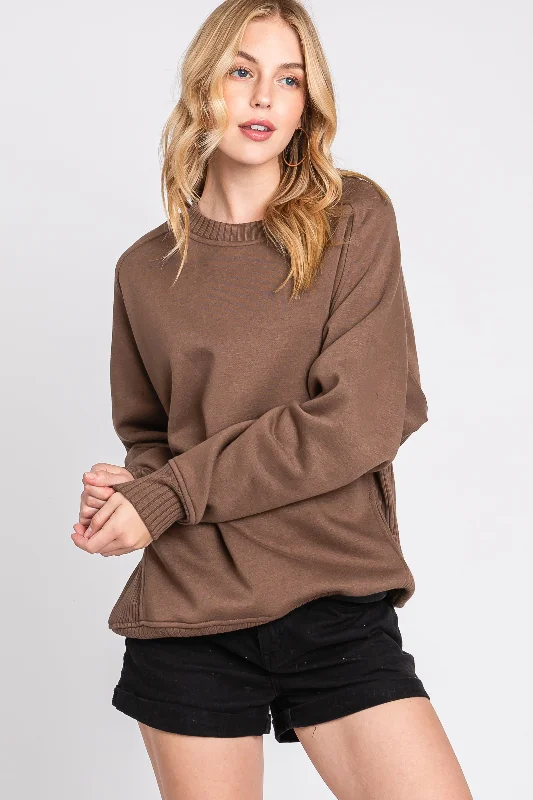 Brown Pullover Terry Crewneck Hoodie with Hidden Zipper Minimalist Clean