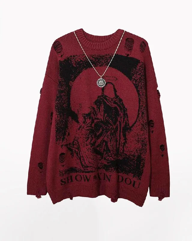 Darkwear Chain Crewneck Sweater Hoodie with Ribbed Neckline Snug Warm