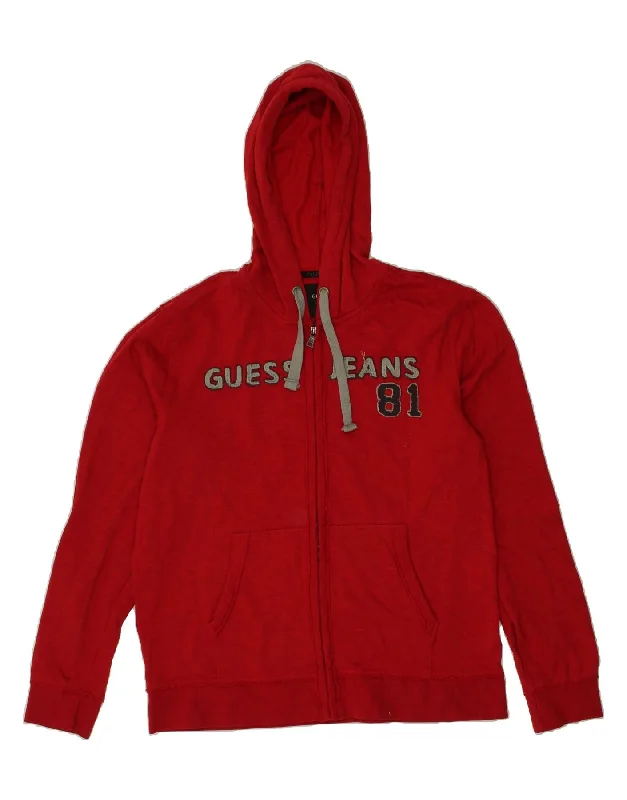 GUESS Mens Graphic Zip Hoodie Sweater Large Red Cotton Hoodie with V-Neck Classic Versatile GUESS Mens Graphic Zip Hoodie Sweater Large Red Cotton Hoodie with V-Neck Classic Versatile