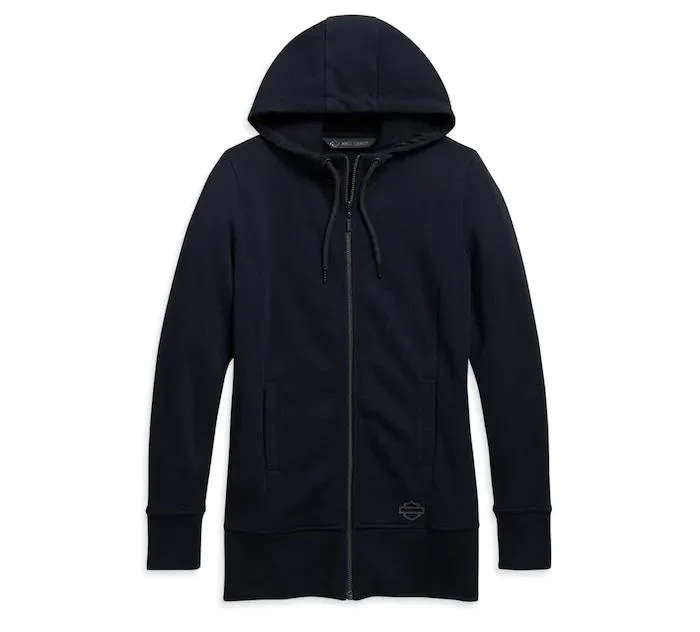 Harley-Davidson® Women's Long Line Logo Hoodie - 99176-19VW Hoodie with Snap Buttons Easy Quick Harley-Davidson® Women's Long Line Logo Hoodie - 99176-19VW Hoodie with Snap Buttons Easy Quick