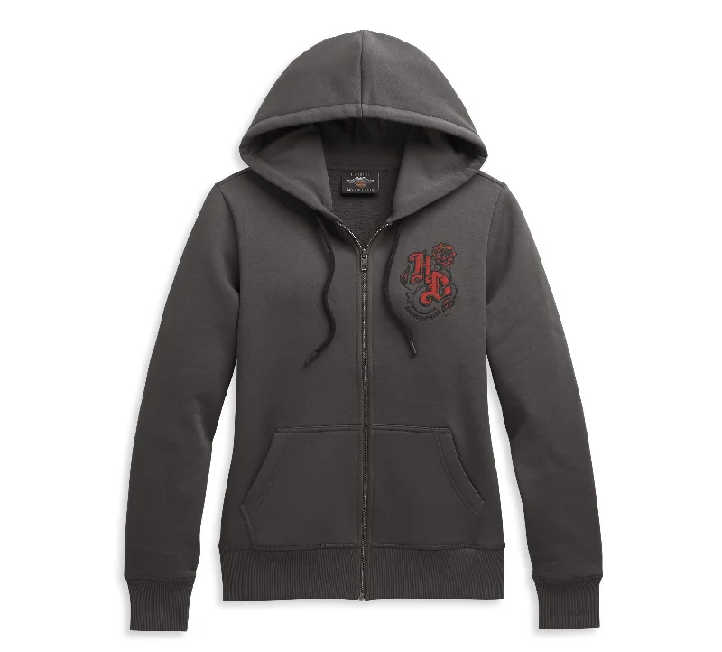Harley-Davidson® Women's Roses Zip Front Hoodie - 96323-21VW Hoodie with Velcro Closure Adjustable Secure Harley-Davidson® Women's Roses Zip Front Hoodie - 96323-21VW Hoodie with Velcro Closure Adjustable Secure
