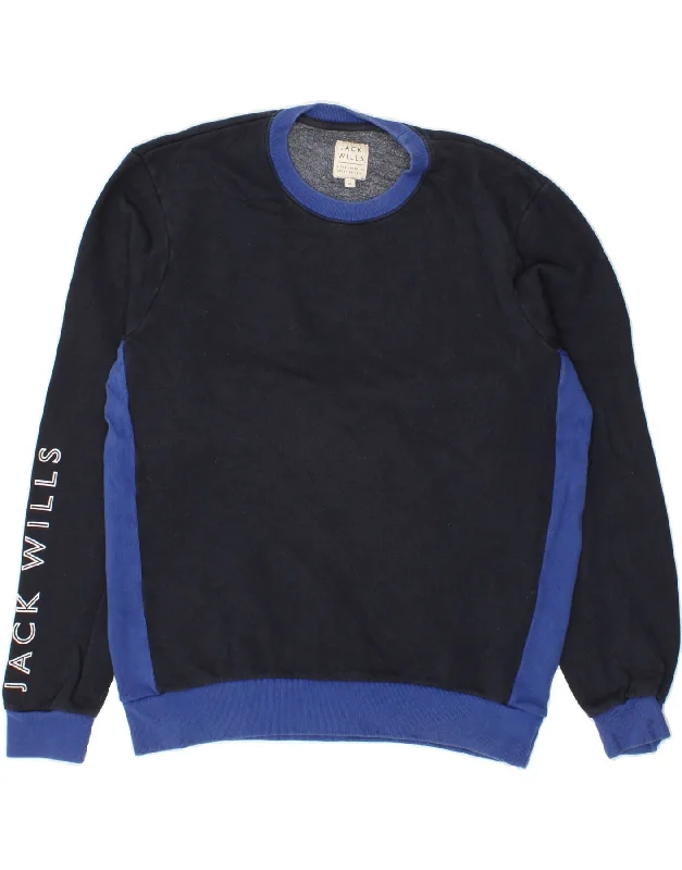 JACK WILLS Mens Graphic Sweatshirt Jumper XL Navy Blue Colourblock Cotton Hoodie with Frayed Bohemian Relaxed