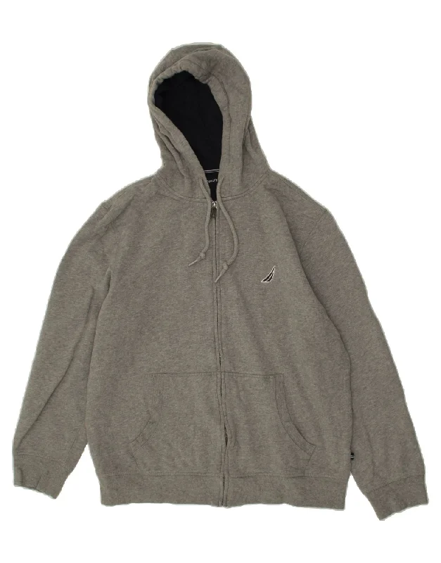NAUTICA Mens Zip Hoodie Sweater Large Grey Cotton Hoodie with Side Slits Relaxed Casual