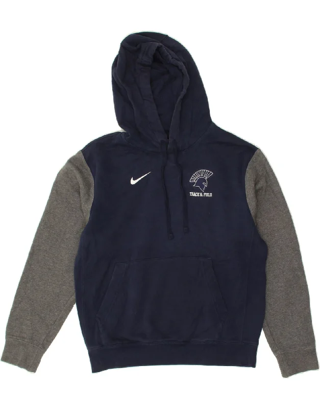 NIKE Mens Graphic Hoodie Jumper Small Navy Blue Colourblock Cotton Hoodie with Exposed Zipper Edgy Industrial NIKE Mens Graphic Hoodie Jumper Small Navy Blue Colourblock Cotton Hoodie with Exposed Zipper Edgy Industrial