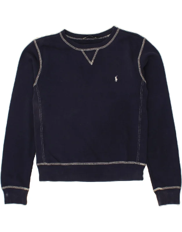 RALPH LAUREN Womens Crop Sweatshirt Jumper UK 14 Medium Navy Blue Hoodie with Typography Text Message