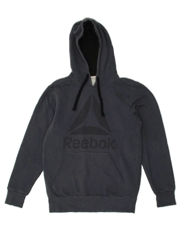 REEBOK Mens Graphic Hoodie Jumper Small Navy Blue Hoodie with Puffed Sleeves Voluminous Trendy REEBOK Mens Graphic Hoodie Jumper Small Navy Blue Hoodie with Puffed Sleeves Voluminous Trendy