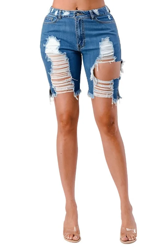 Destroyed Mid Rise Bermuda Shorts Breathable Workout Shorts