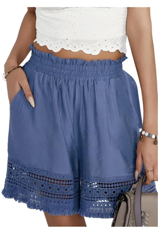 Women Blue Lace Hem Shorts Elegant Minimalist Shorts