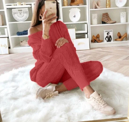 Autumn and Winter women's knitting Costume Solid Color V-neck Twist Sweater Elastic Pants Knit Suit Pants Two-piece Sets Women's Patchwork Suit