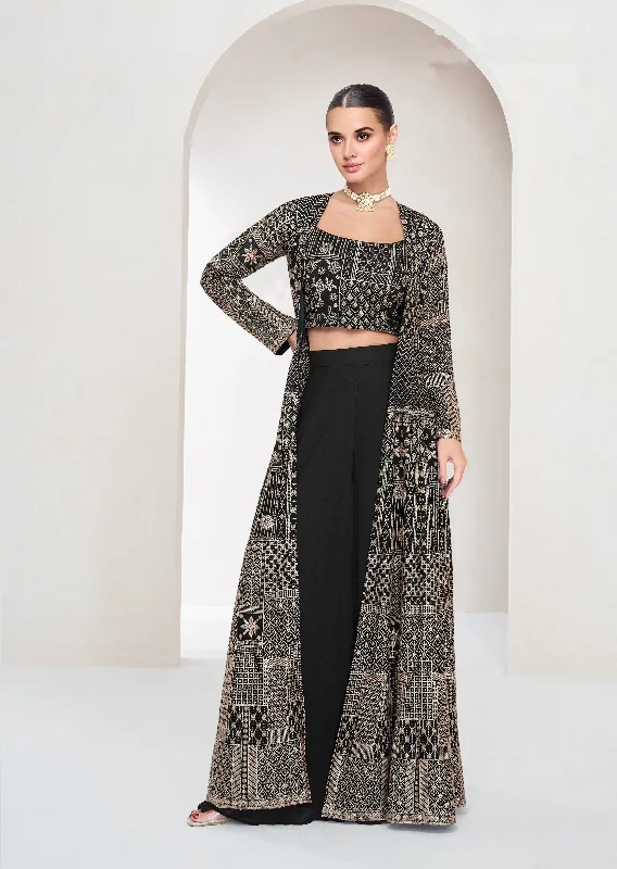 Black Real Georgette Palazzo Set with Embroidered Long Jacket