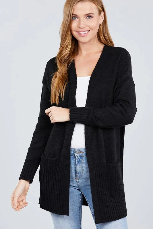 Long Sleeve Open Front with Pocket Sweater Cardigan Layered Wool Sweater