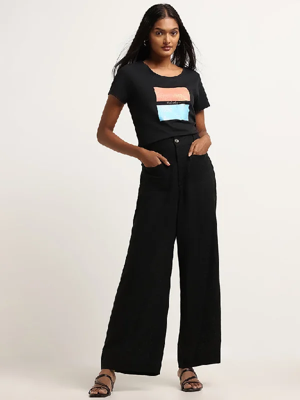 LOV Black Blended Linen Mid Rise Wide-Leg Pants Women's Business Blazer